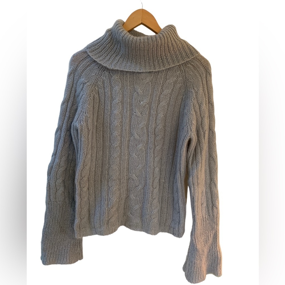 Garnet Hill Womens Light Gray Wool Mohair Blend Cable Knit Turtleneck Sweater M